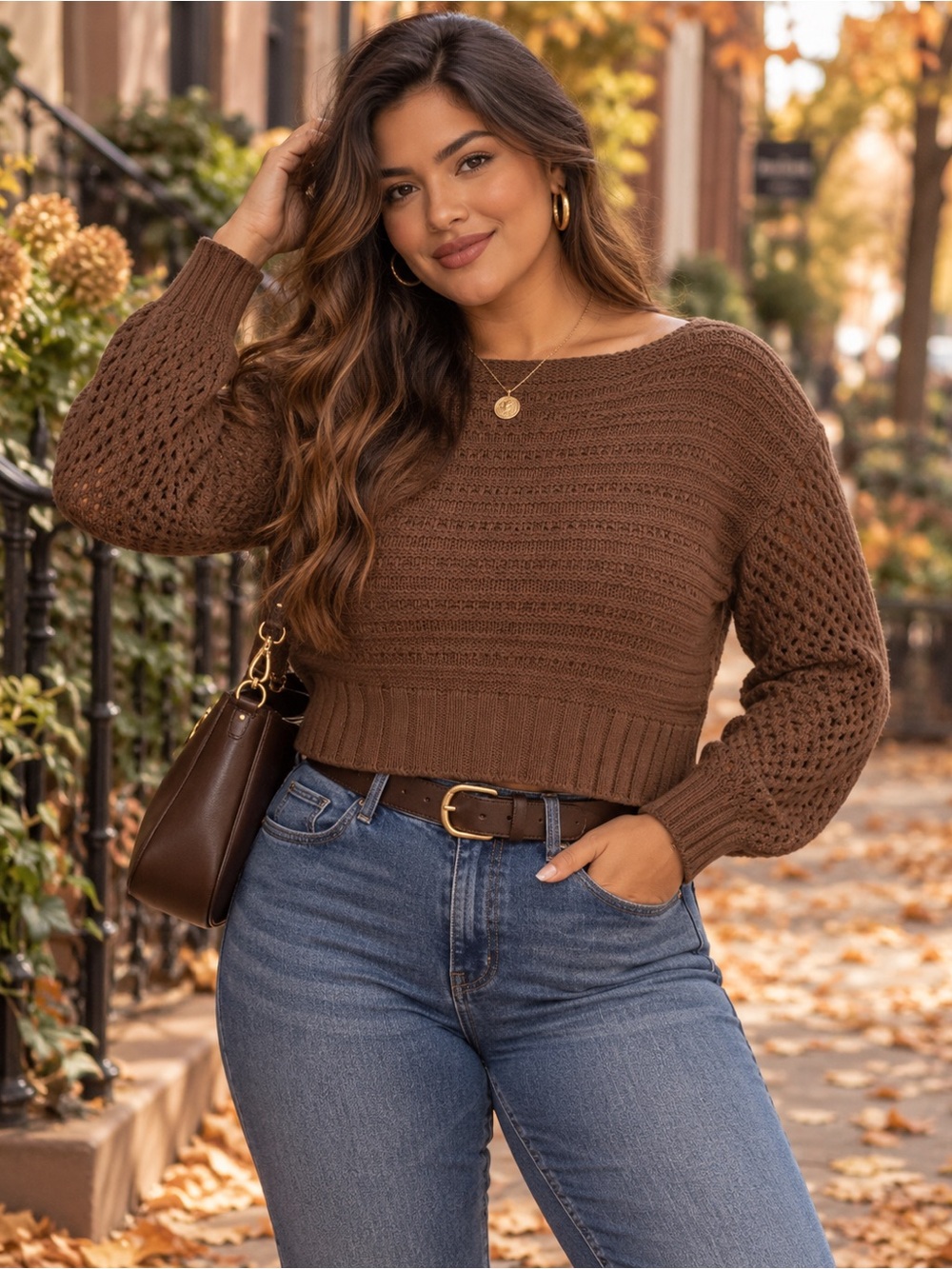 GAP Size M Brown Cotton Linen Open Knit Cropped Sweater Fall Boho